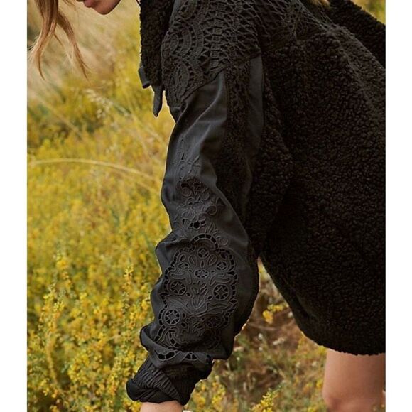 Free People FP Movement Black Care Seaside Fleece Crochet & Embroidered Pullover - Picture 2 of 14
